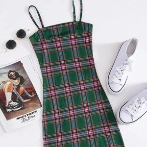 SHEIN Green Tartan / Plaid Print Bodycon Dress